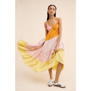 Free People What Love Is Midi Maxi Dress S Pink Yellow Orange Tiered Sundress
